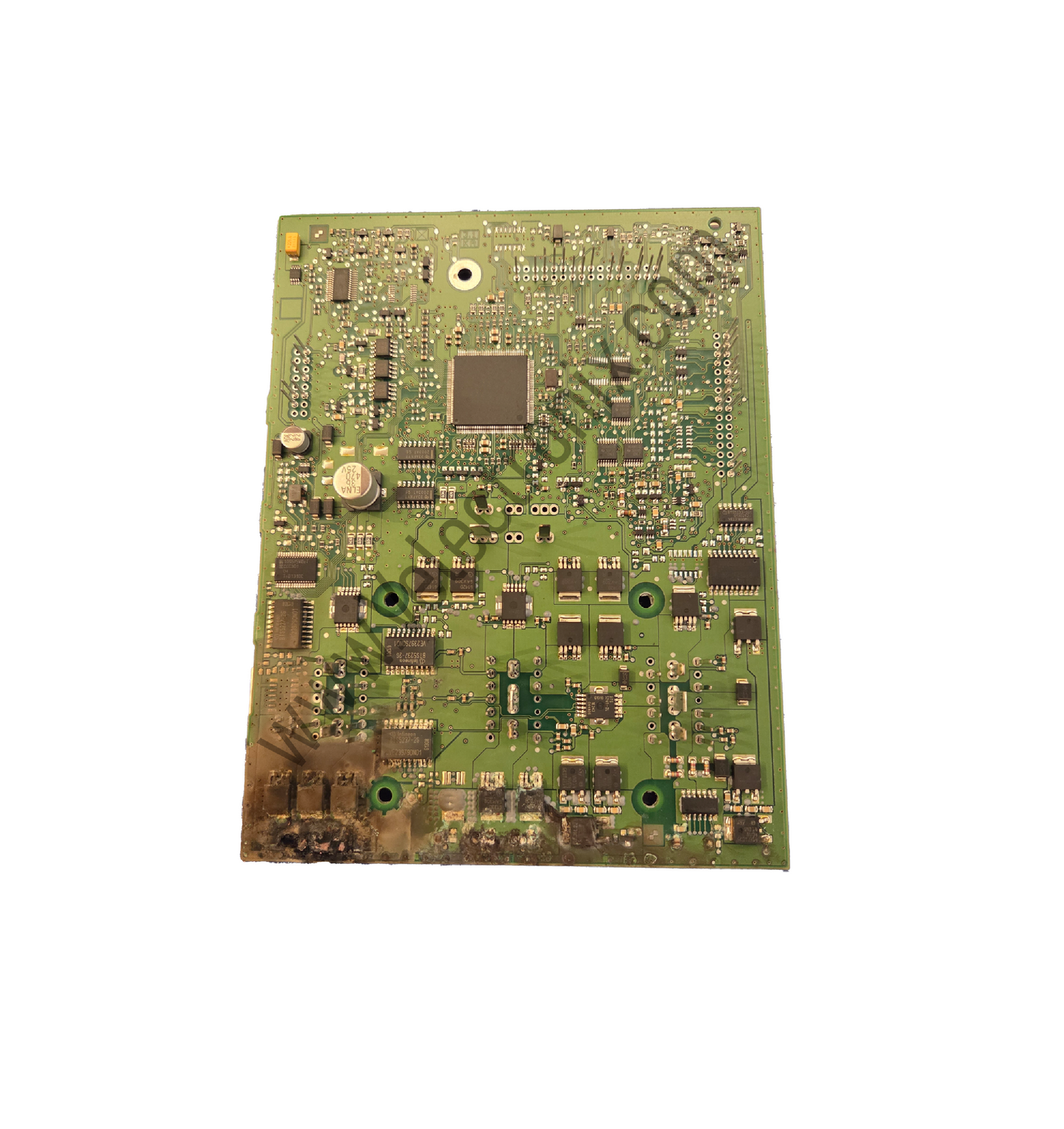 Corroded Audi BCM1 circuit board caused by water intrusion and electrical failure