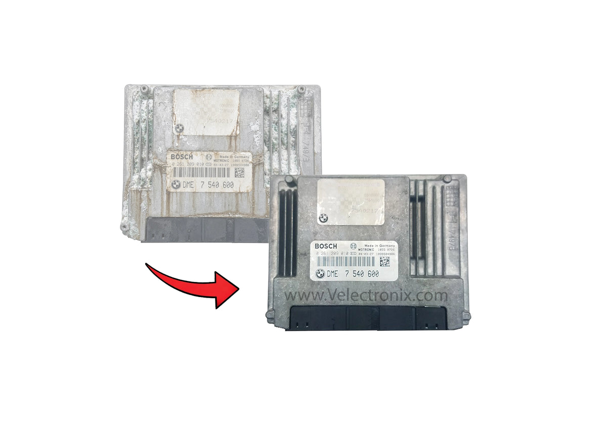 BMW Bosch ME9.2 EK928 water-damaged DME with replacement module for cloning and data recovery