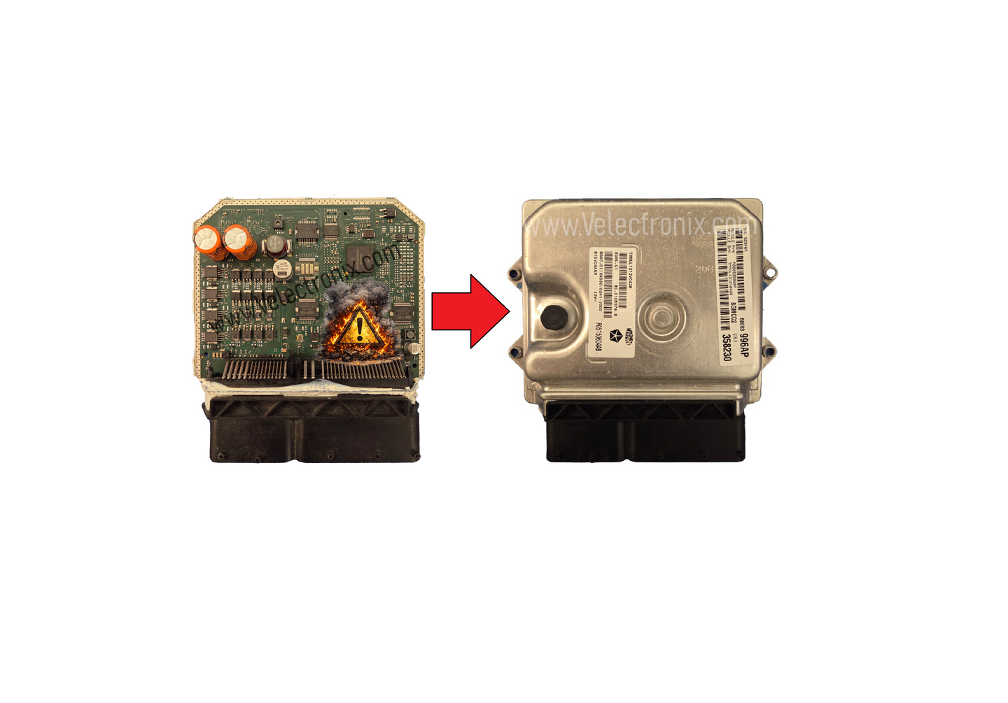 Burnt and damaged Fiat 500 / 124 Spider 1.4L Turbo ECU with no OBD communication – advanced bench recovery cloning service for dead units.