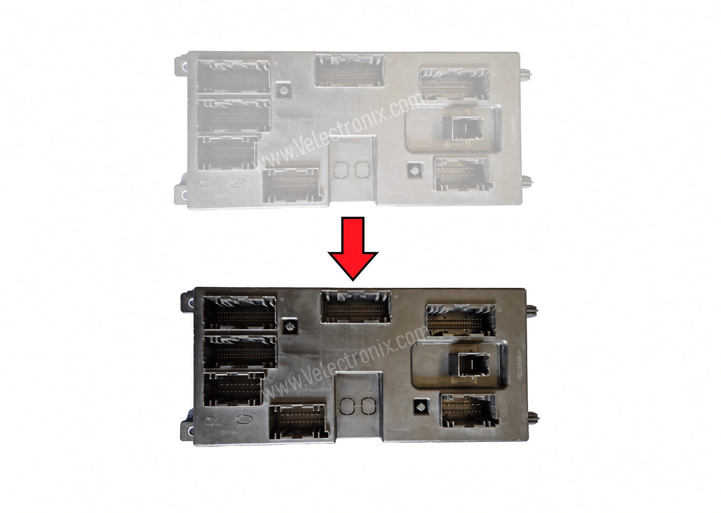 Original and replacement Jaguar BCM modules shown together for cloning service on XE, XF, F-Pace and I-Pace models
