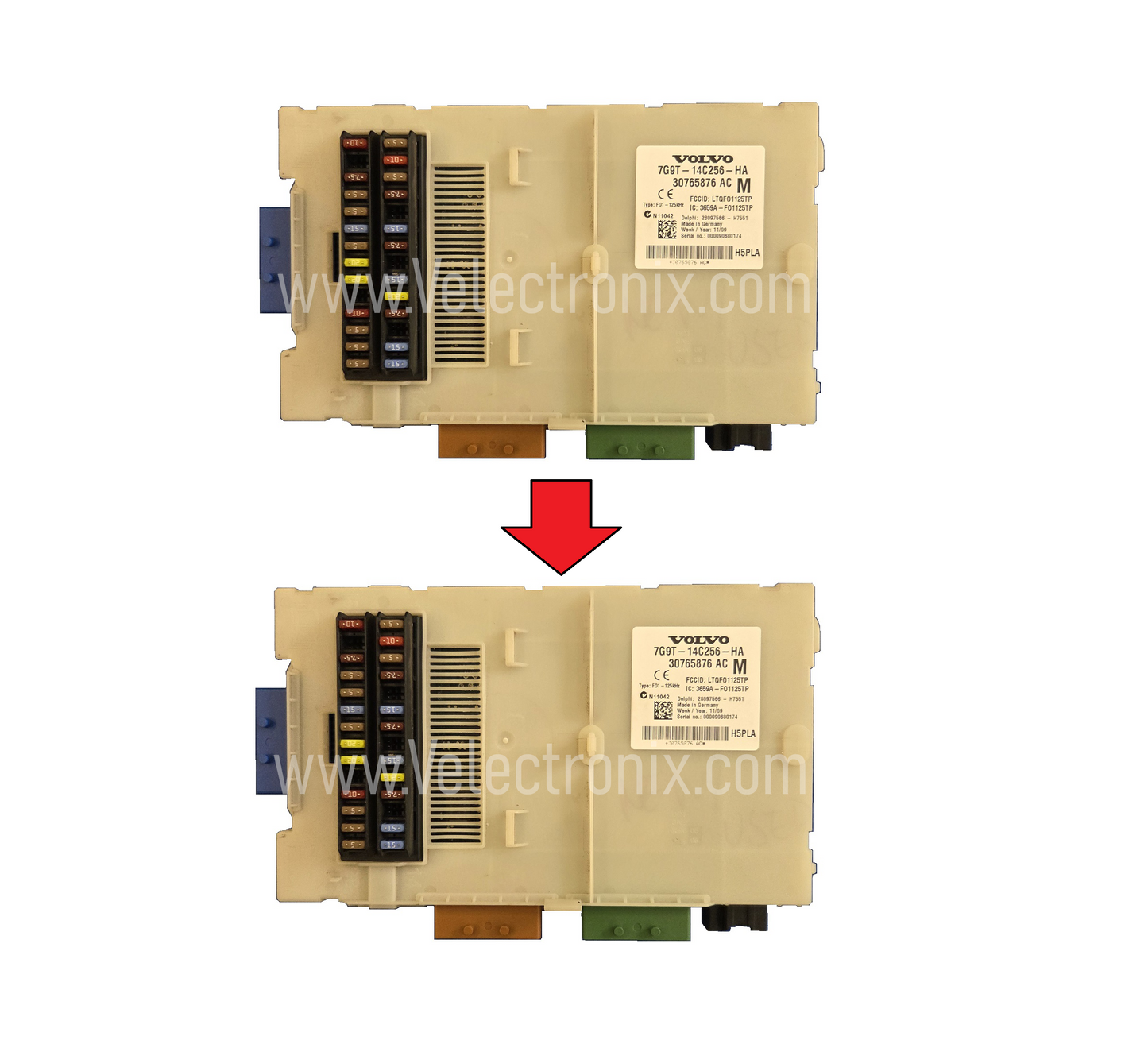 Original and donor Volvo CEM units displayed before data cloning and transfer.