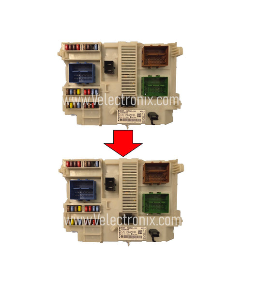 Original and donor Volvo CEM units displayed for plug-and-play data cloning on 2010–2016 S60, XC60, V70, XC70, and S80 models.